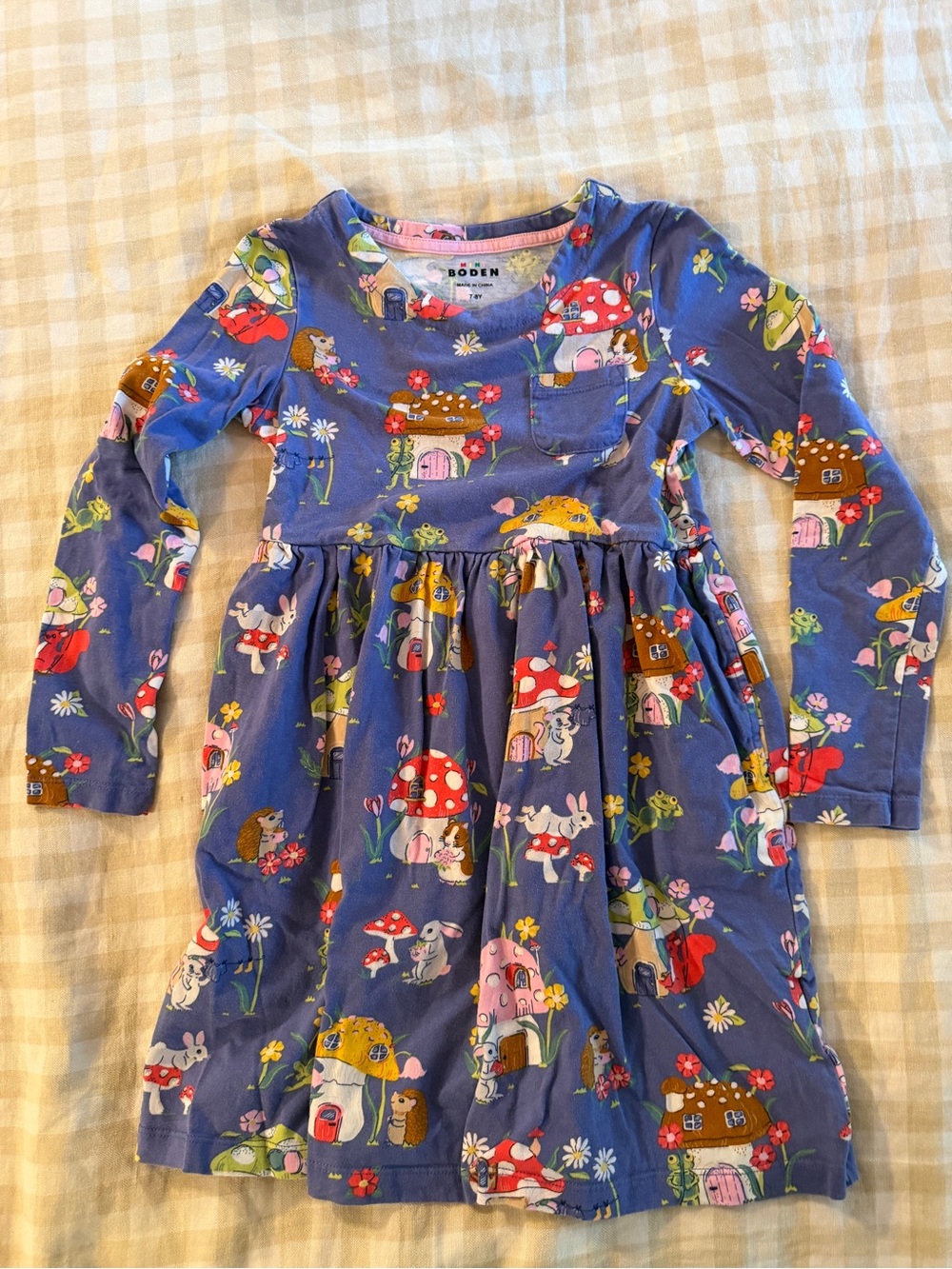 Mini Boden Purple Mushroom & Woodland Print Long Sleeve Dress
